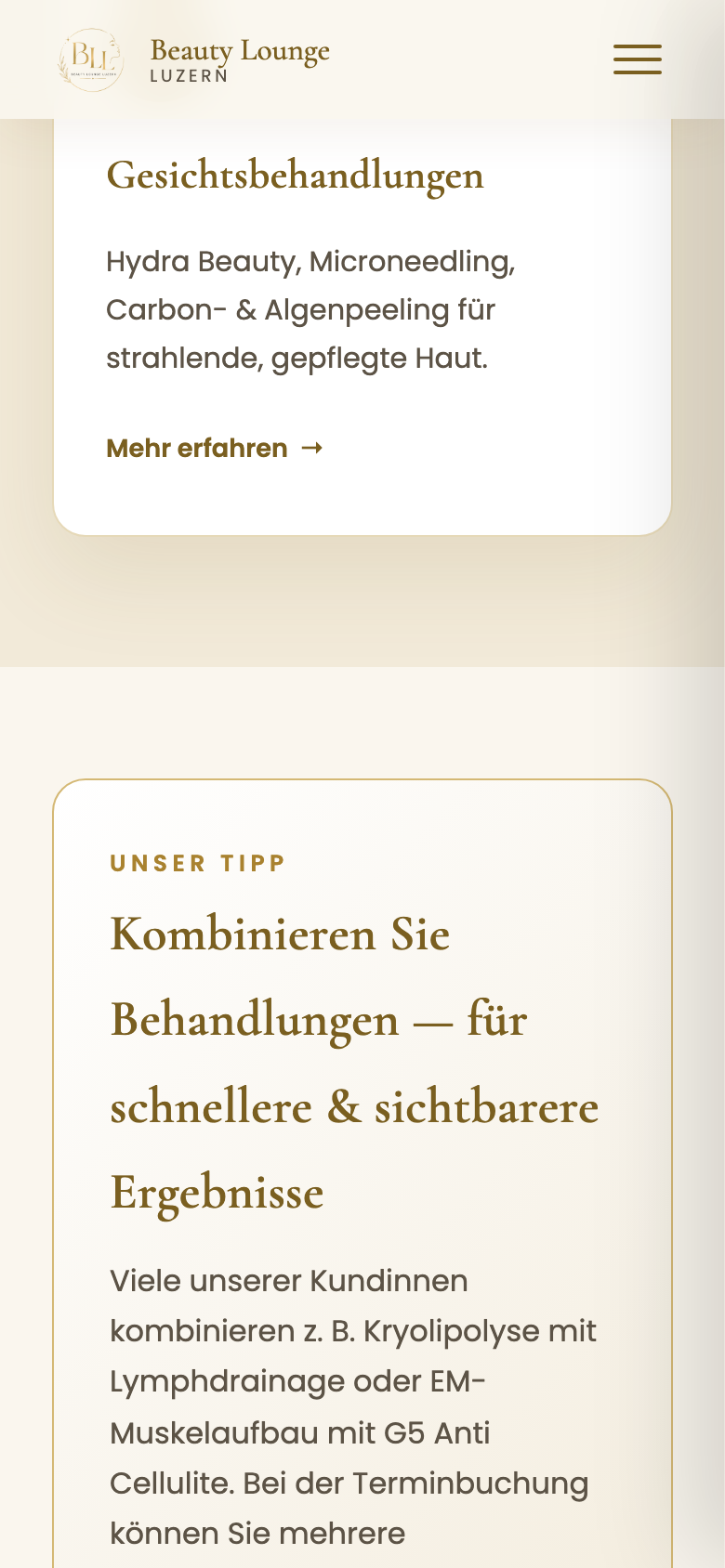 Beauty Lounge Luzern Webseite auf dem Handy